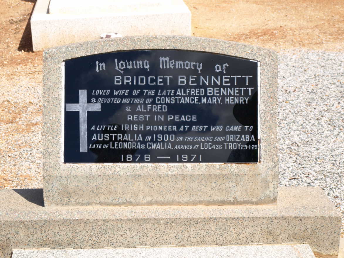 This is a photograph of a memorial plaque to Bridget BENNETT who died in Merredin in 1971 at the age of 95 years