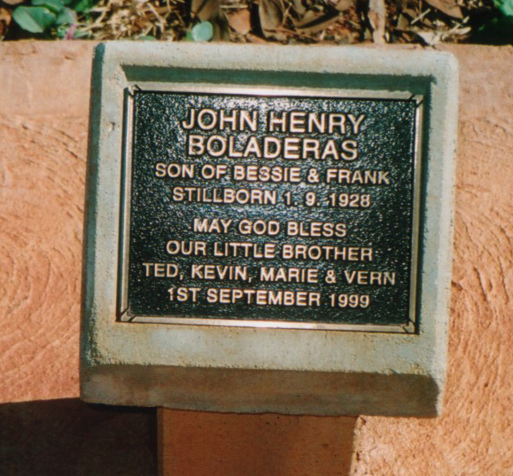 THis is a photograph of the Memorial Plaque to John henry BOLADERAS