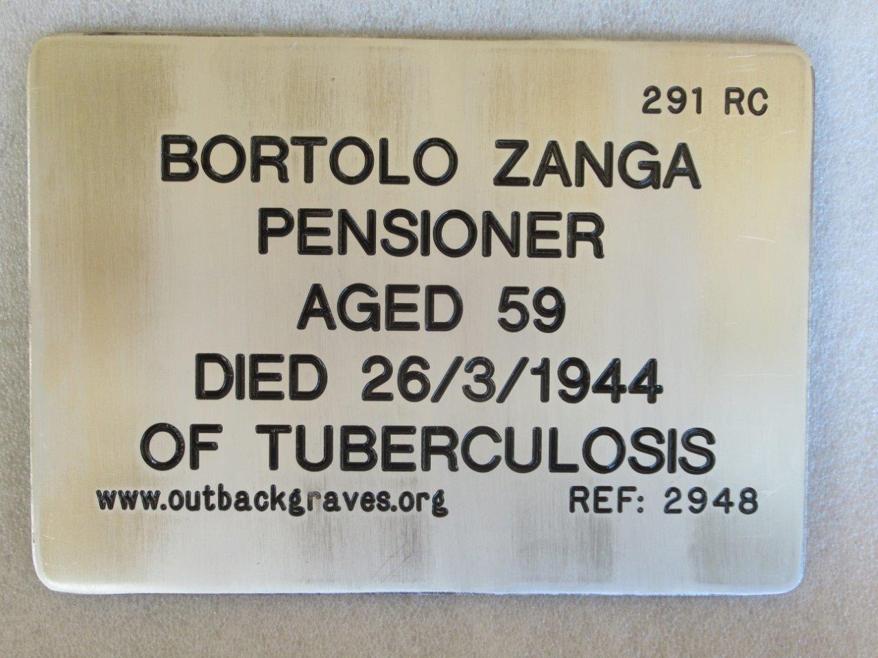 This is a photograph of plaque number 2948 for BORTOLO ZANGA at LEONORA