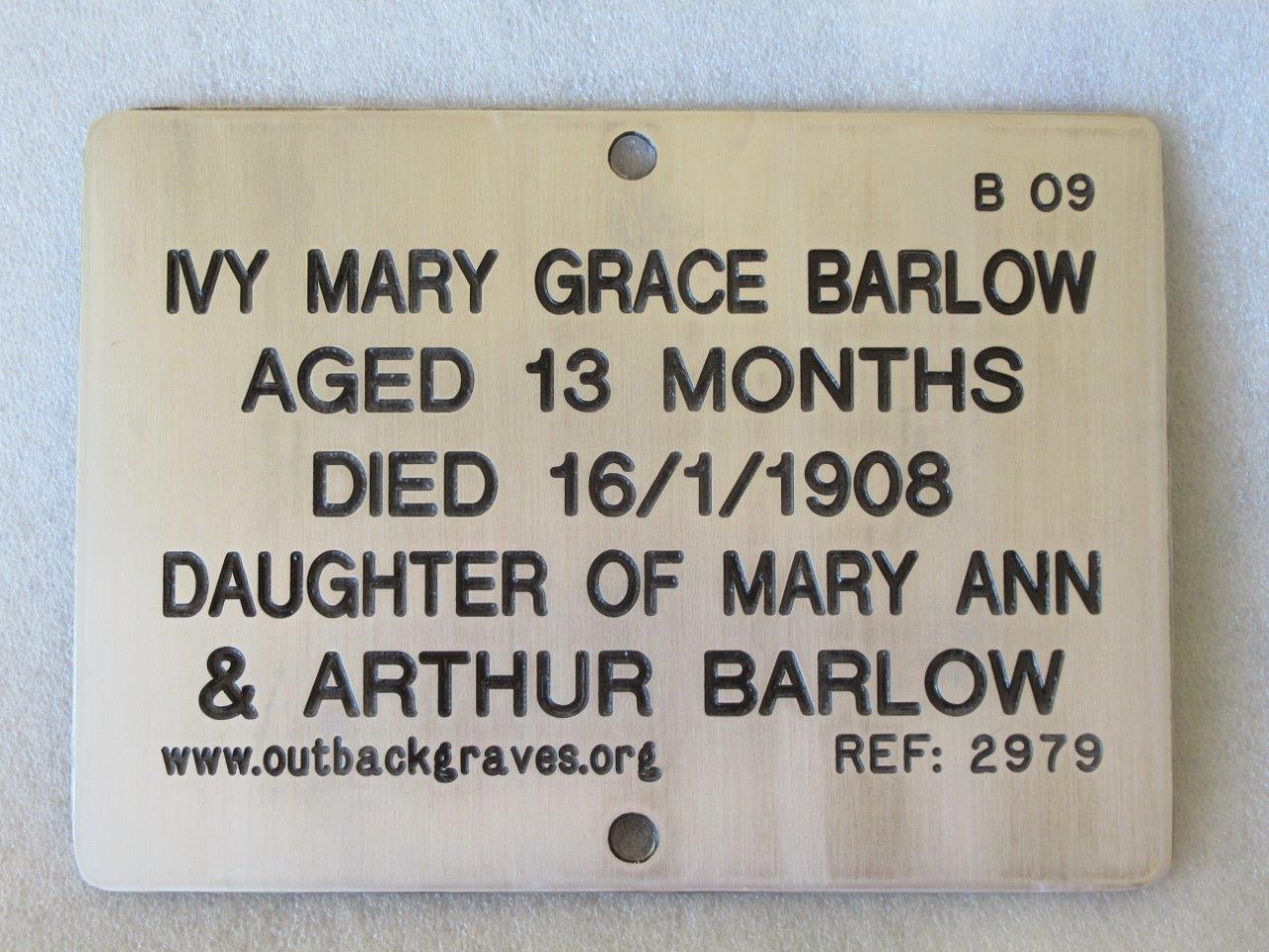 This is a photograph of plaque number 2979 for IVY MARY GRACE BARLOW at Mt MORGANS