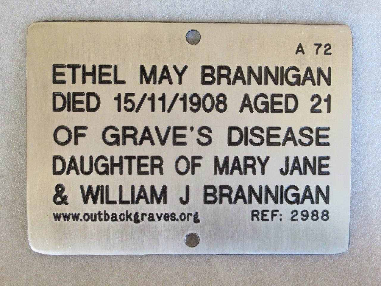 This is a photograph of plaque number 2988 for ETHEL MAY BRANNIGAN at Mt MORGANS