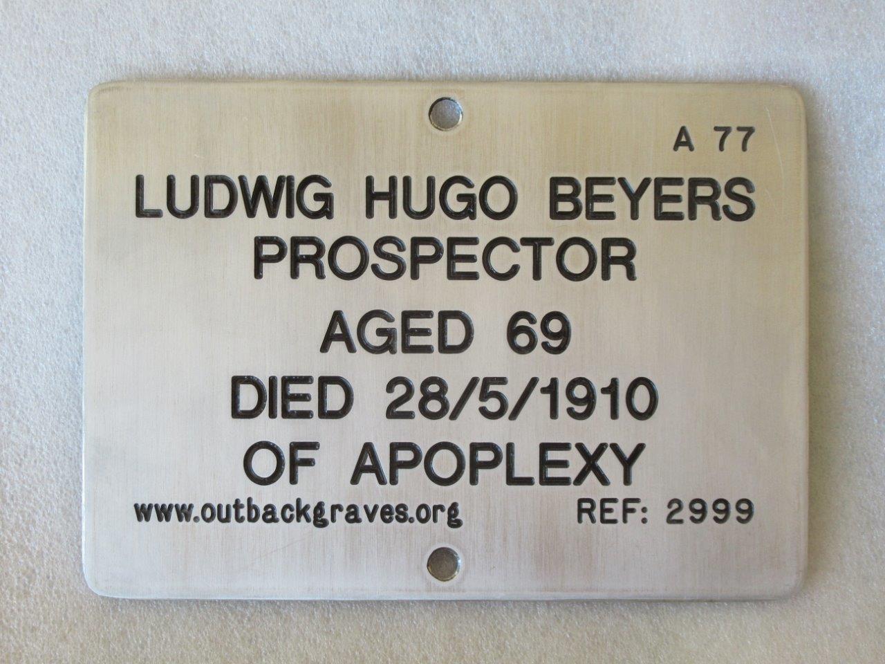 This is a photograph of plaque number 2999 for LUDWIG HUGO LOUIS BEYERS at Mt MORGANS