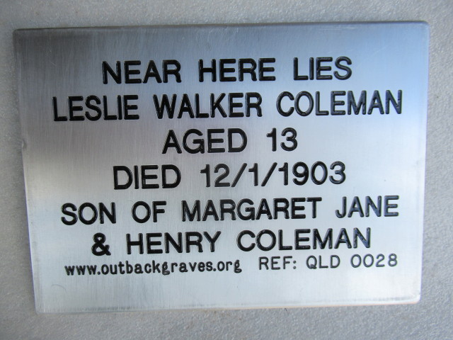 This is a photograph of plaque number QLD 0028 for LESLIE WALKER COLEMAN at LANGLO CROSSING