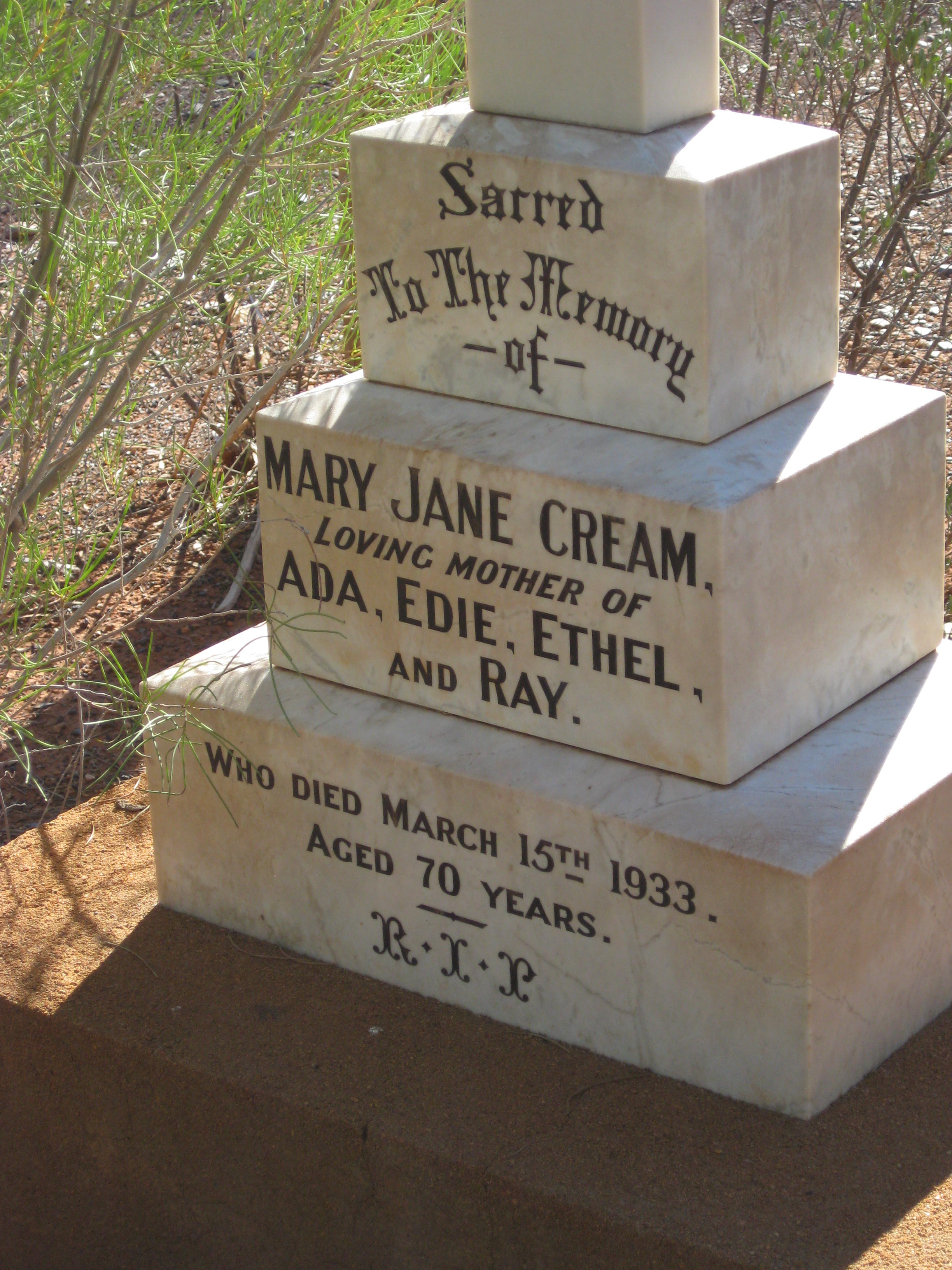 This is a photograph of the Memorial Inscription for Mary Jane CREAM on Cobra Station