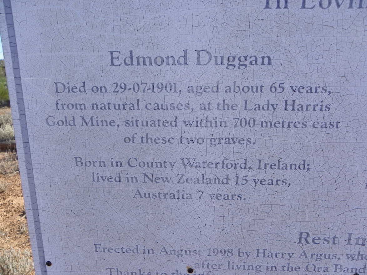 This is a photograph of a sign erected by Harry Argus in 1998 in memory of Edmond DUGGAN