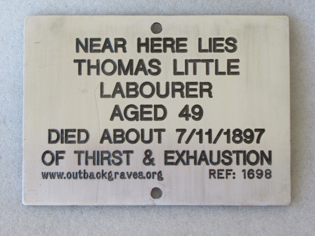 This is the image of a plaque number 1698 for THOMAS LITTLE, who is buried 9 miles from GOONGARRIE