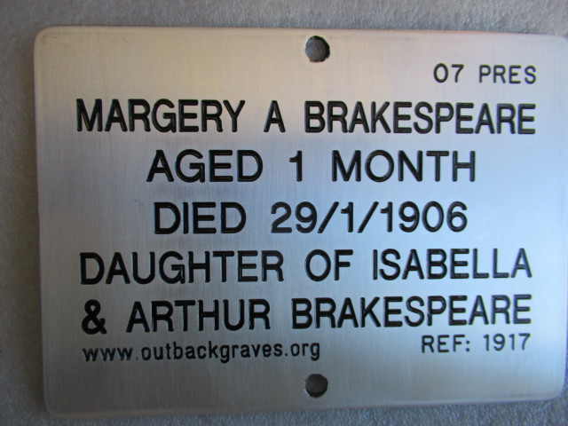 This is a photograph of plaque number 1917 for Margery Brakespeare at Kookynie