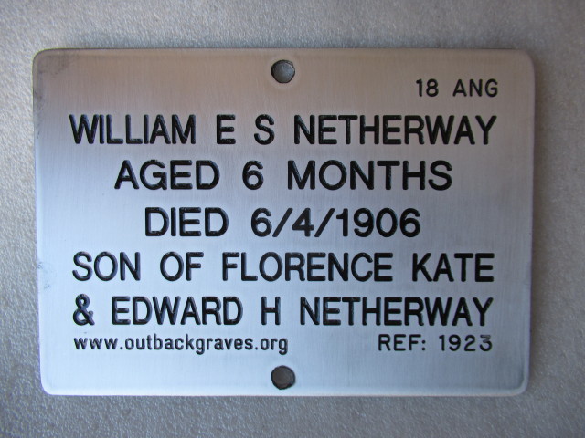 This is a photograph of plaque number 1923 for WILLIAM E S NETHERWAY at KOOKYNIE CEMETERY