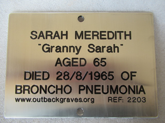 This is a photograph of plaque number 2203 for SARAH MEREDITH GRANNY SARAH at Mt MARGARET