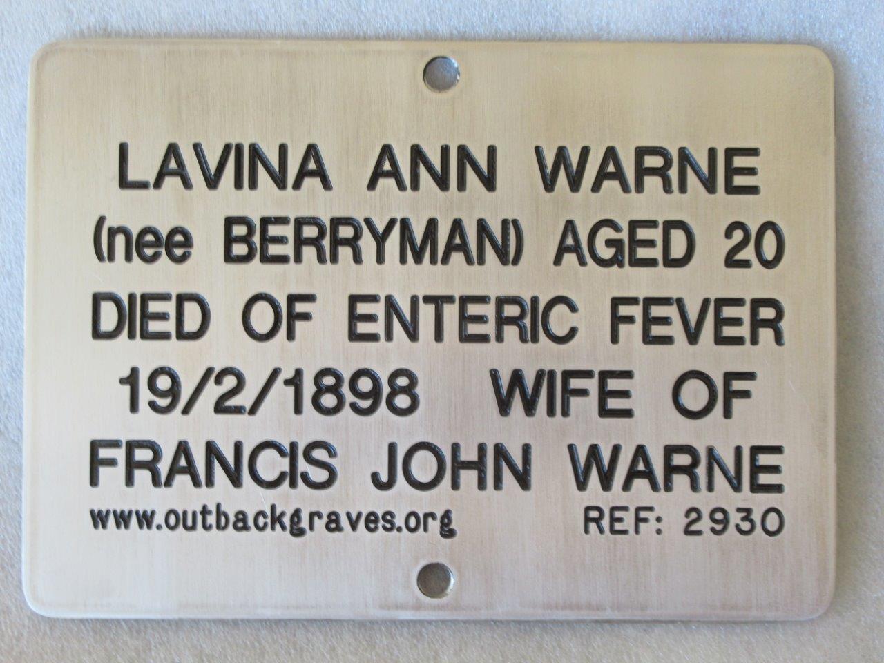 This is a photograph of plaque number 2930 for LAVINA ANN WARNE at MENZIES