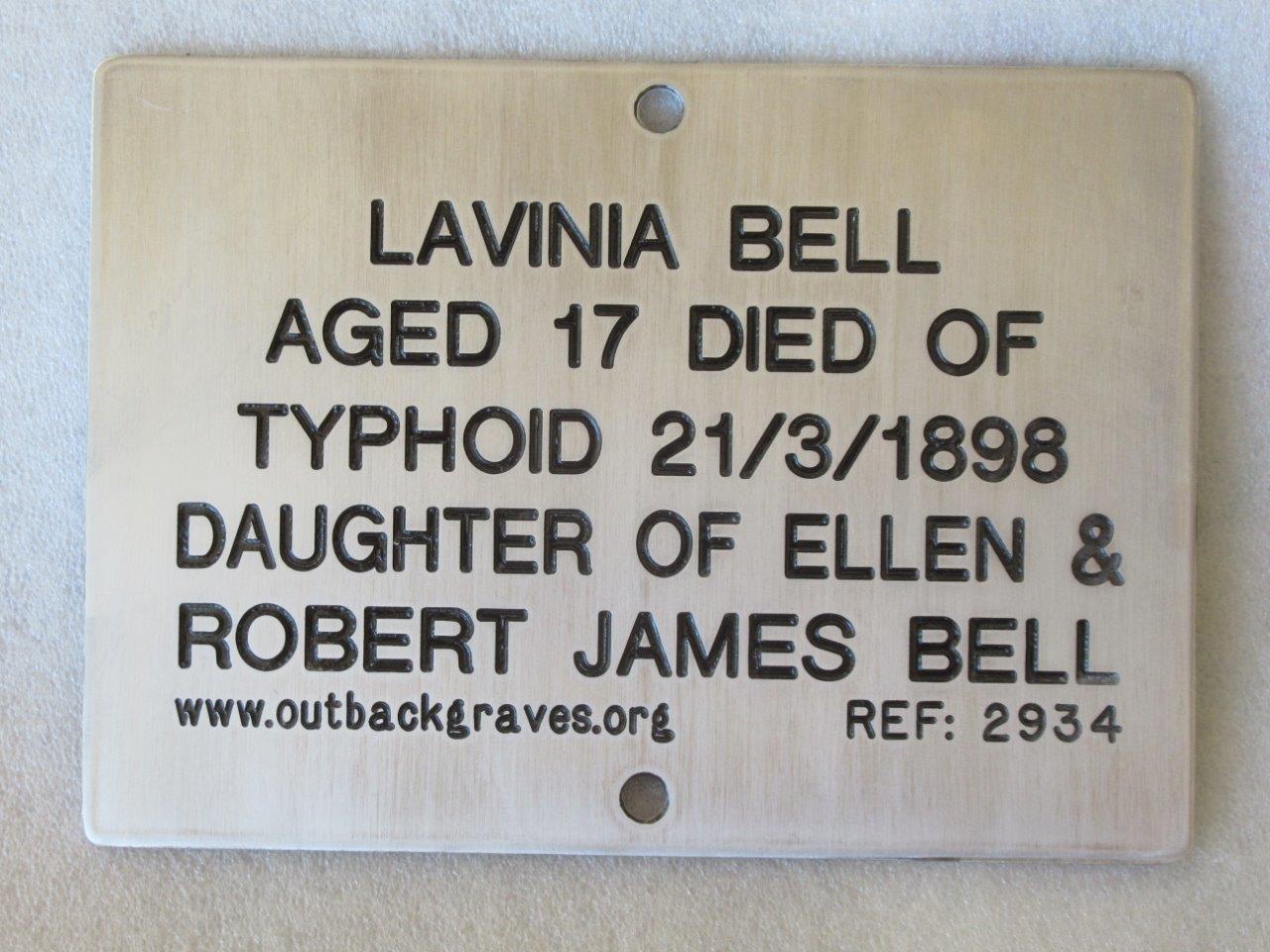 This is a photograph of plaque number 2934 for LAVINA BELL at MENZIES