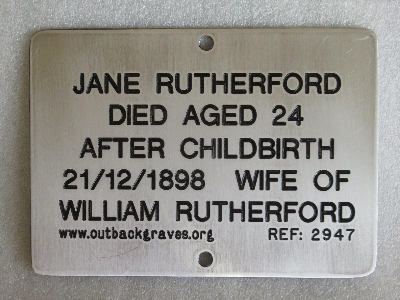 This is a photograph of plaque number 2947 for JANE RUTHERFORD at MENZIES