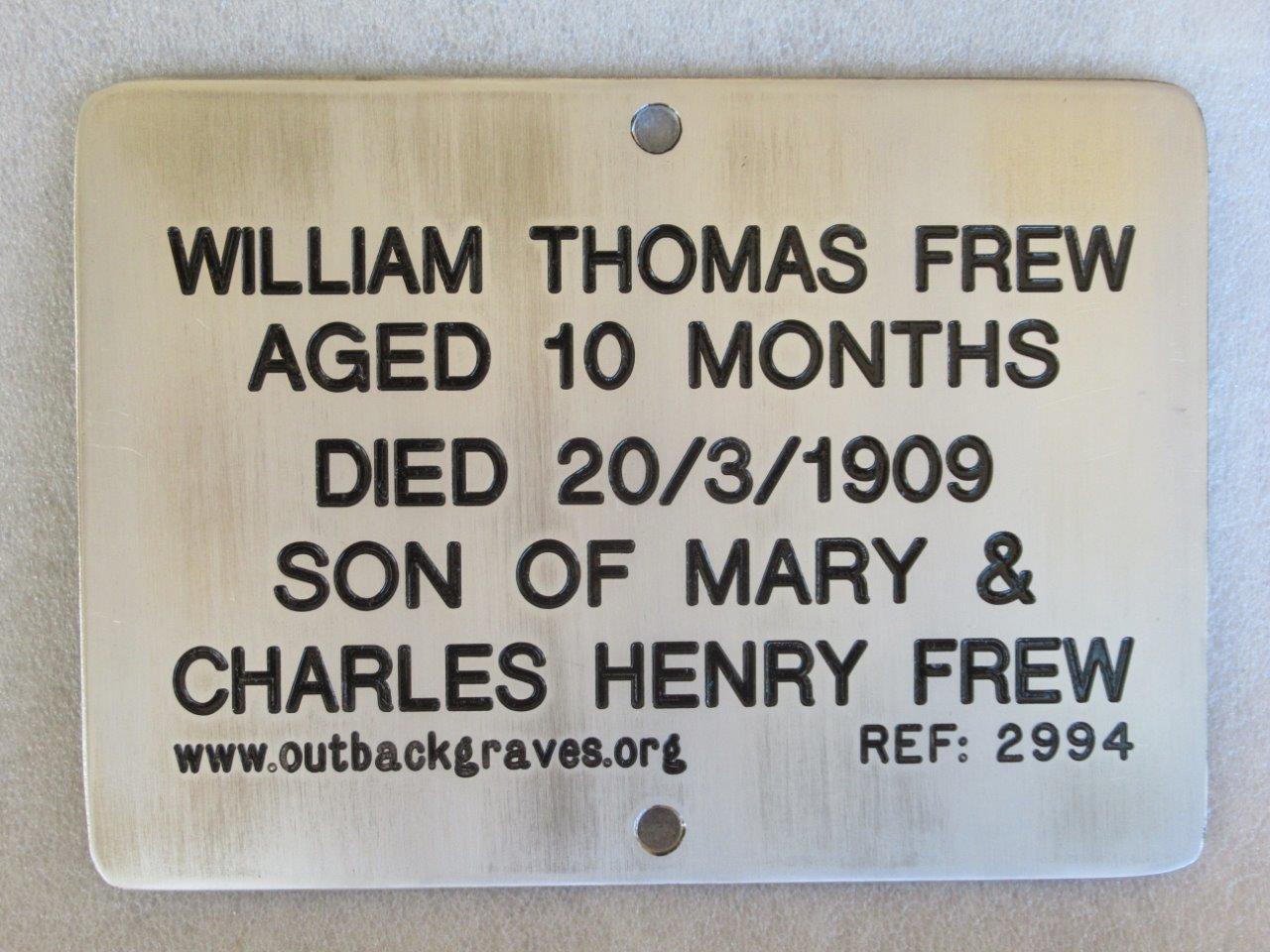 This is a photograph of plaque number 2994 for WILLIAM THOMAS FREW at Mt MORGANS