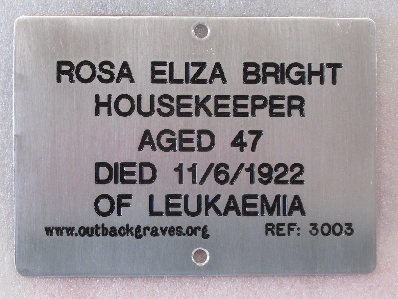 This is a photograph of plaque number 3003 for ROSA ELIZA BRIGHT at KOOKYNIE