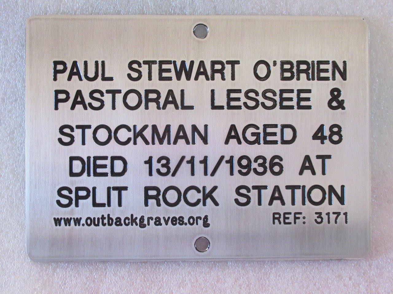 This is a photograph of plaque number 3171 for PAUL STEWART OBRIEN at SPLIT ROCK STN