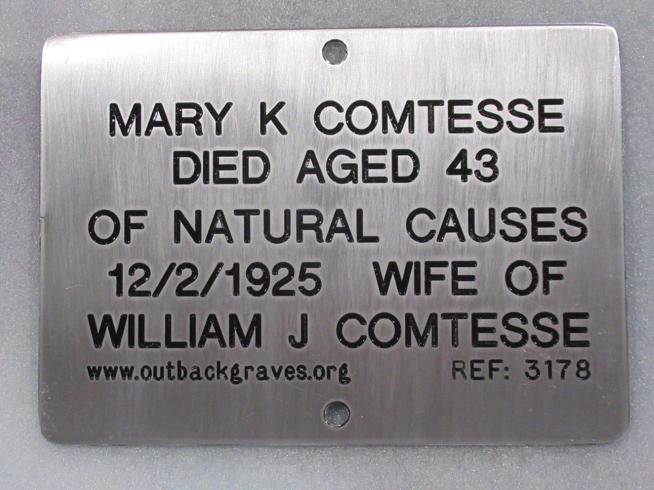 This is a photograph of plaque number 3178 for MARY K COMTESSE at COBRA STATION