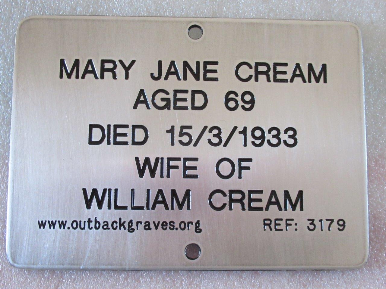 This is a photograph of plaque number 3179 for MARY JANE CREAM at COBRA STN