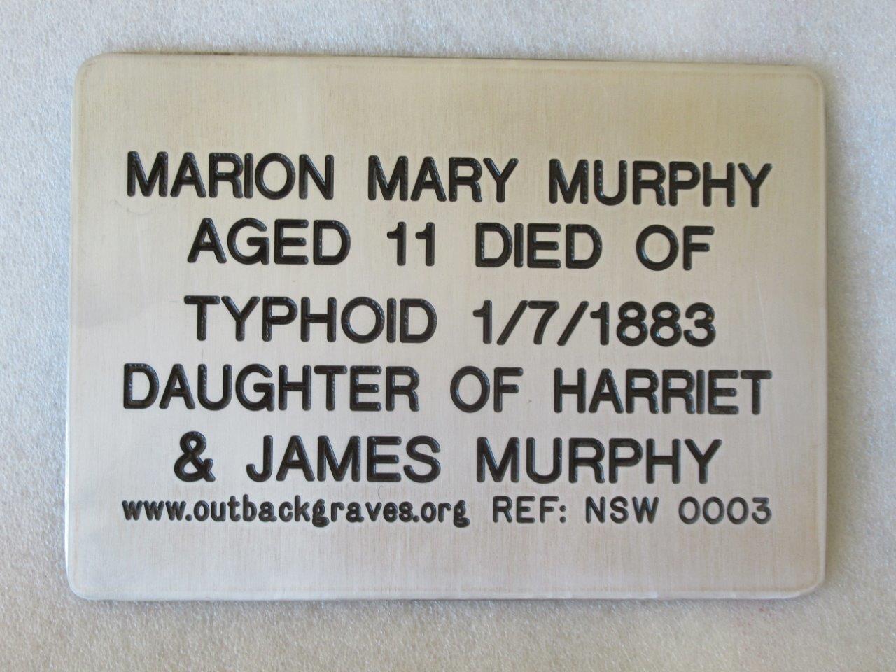 This is a photograph of plaque number NSW0003 for MARION MARY MURPHY at BOMBALA